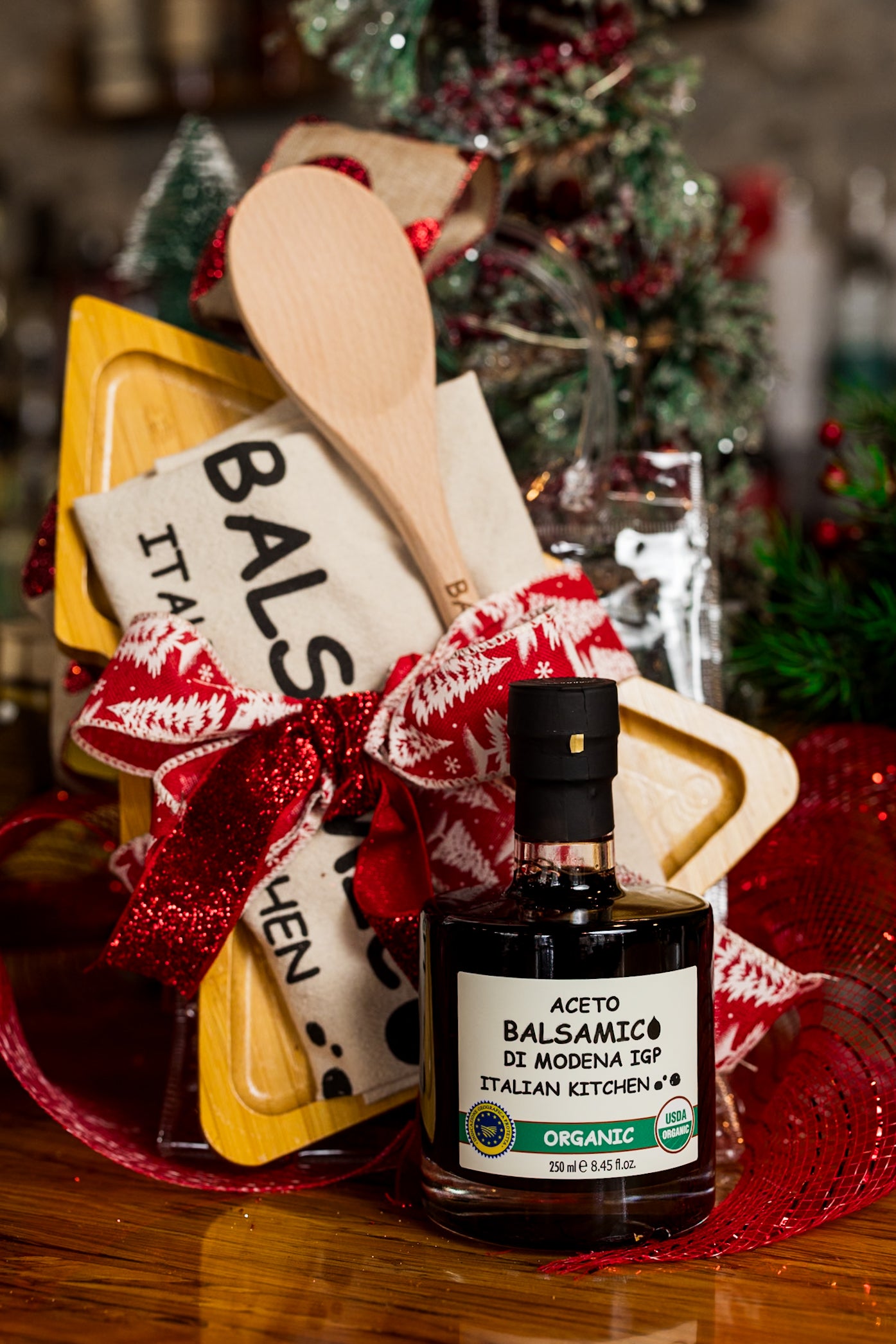 Hostess Gift Set with Balsamic, Cheese Board, kitchen towel, Wood Spoon