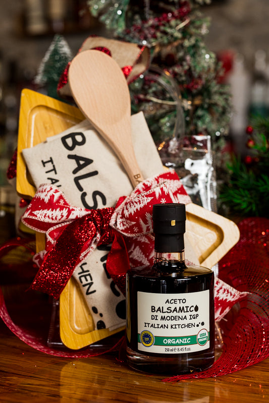 Hostess Gift Set with Balsamic, Cheese Board, kitchen towel, Wood Spoon